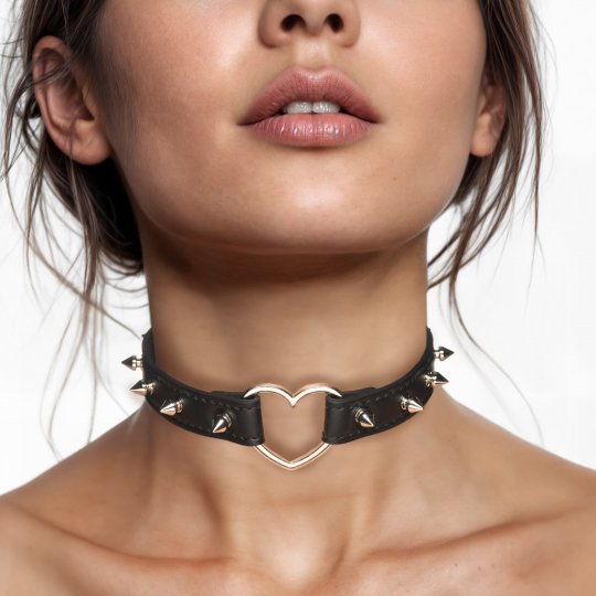 Black Spiked Heart Choker - Black Code: AH523-Black