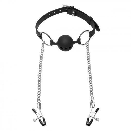Hinder Breathable Silicone Ball Gag with Nipple Clamps Code: AD699