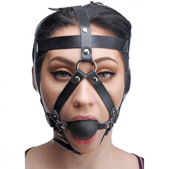 Black Slate Gray Leather Head Harness with Ball Gag Code: AE763